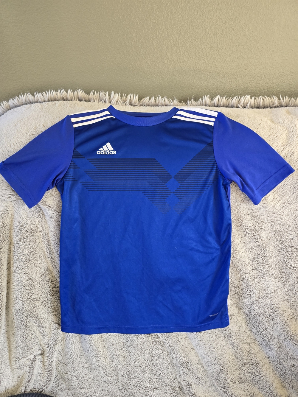 adidas Blue Short Sleeve Kids Soccer Jersey with White Stripes